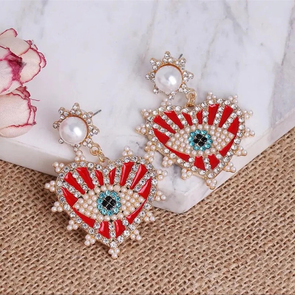 Anthropologie Red Evil Eye Protection Heart Crystal Earrings - Picture 7 of 12